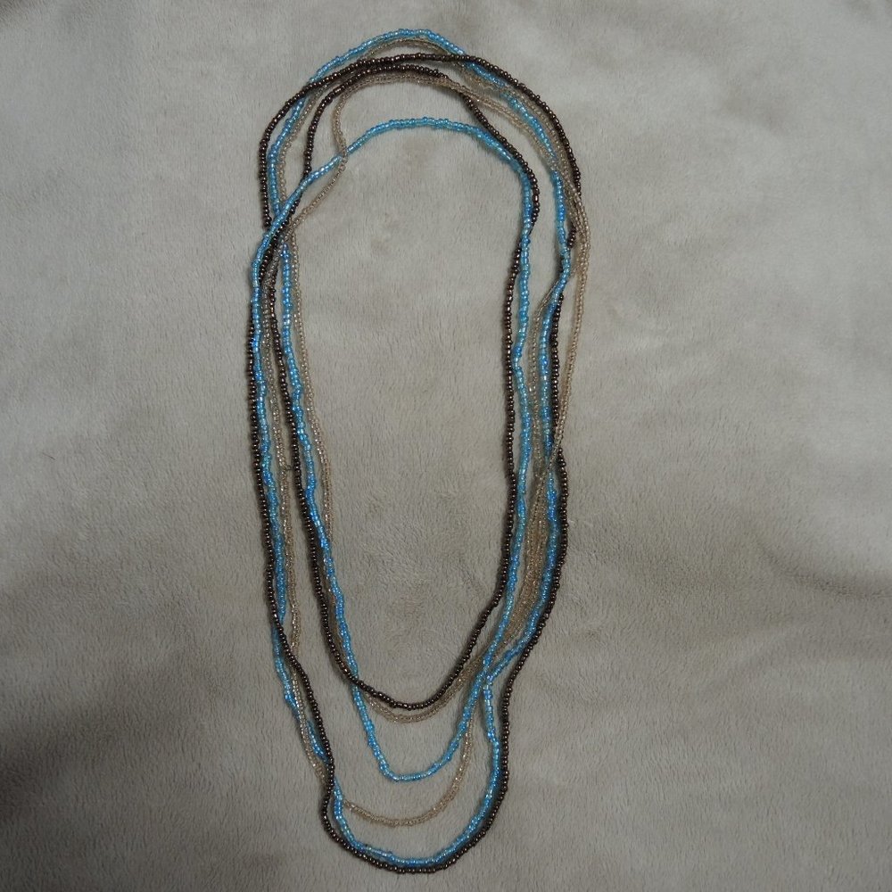 4/$25 Bundle 3 Long Beaded String Layering Necklaces Bright Blue Brown 21" Drop